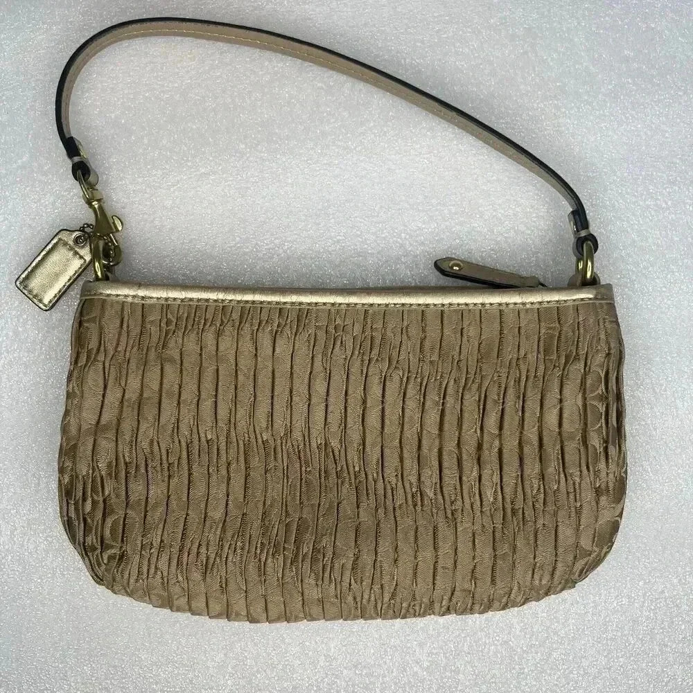 COACH Signature Madison Gold Gathered Pleated Leather‎ Strap Handbag Wristlet - Picture 5 of 13